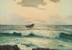 Giuseppe (Catty) Cattaruzza, Seascape with Fishing Boat, oil on canvas laid down on board