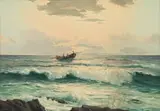 Giuseppe (Catty) Cattaruzza, Seascape with Fishing Boat, oil on canvas laid down on board