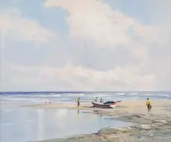 Christopher Tugwell, Seascape with Trek boat and Figures, oil on artist’s board