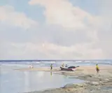 Christopher Tugwell, Seascape with Trek boat and Figures, oil on artist’s board
