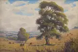 Edward Charles Moore, Farm Landscape with Cattle, oil on board