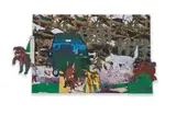 Katharien de Villiers, Scene with Car, Dogs, Fence and Tree, mixed media on canvas
