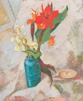 George Enslin, Still Life with Cannas, mixed media on paper laid down on board