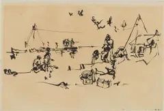 Walter Battiss, Figures in a Landscape, ink on paper