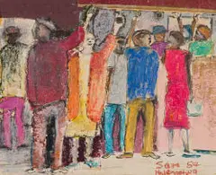 Sam Nhlengethwa, In the Bus, 1984, pastel, collage and felt-tip pen on paper laid down on board