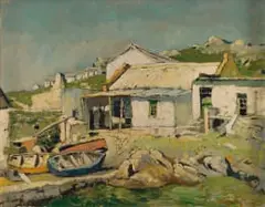 Terence McCaw, Cottages and Boats, Saldanah (sic), oil on canvas laid down on board