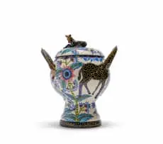 Ardmore Ceramic Studio, Lidded vessel with giraffes and flowers, 2002, painted and glazed ceramic