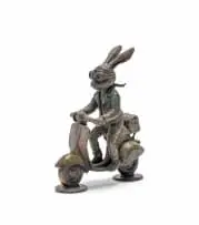 Carol Cauldwell, Rabbit with Goggles on a Vespa, painted and patinated bronze with wax