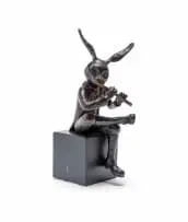 Carol Cauldwell, Rabbit Playing the Flute, bronze with a brown and green patina, on a painted steel base