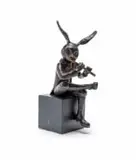 Carol Cauldwell, Rabbit Playing the Flute, bronze with a brown and green patina, on a painted steel base