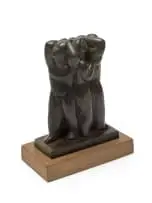 3 Figures by Florian Wozniak, 2001, bronze with a brown patina, on a stone base, offered Sep 2026