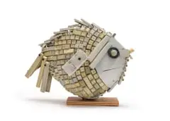 Maurice Mbikayi, Web Fish I, 2018, computer parts, found telephone handsets and papier-mâché, on a composite wood base
