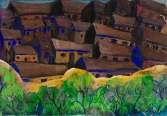 Gladys Mgudlandlu, Houses behind Dunes, gouache on paper