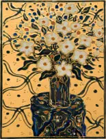 Esias Bosch, Still Life with Flowers in a Vase, painted and glazed ceramic tile with gold lustre