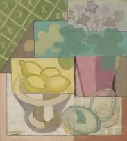 Stanley Pinker, Untitled (Still Life with Lemons, a Potted Violet and Two Abalone Shells), oil on board