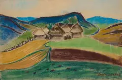 Pranas Domšaitis, Huts in a Cultivated Landscape, pastel on paper laid down on board