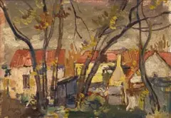 Gregoire Boonzaier, Farm Houses, 1950, oil on board