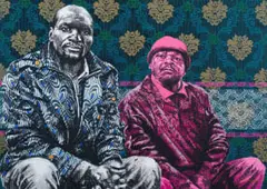 Bambo Sibiya, Two Men, 2023, mixed media with oil on canvas stretched over board