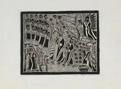 Azaria Mbatha, Birth of Moses, linocut on rice paper