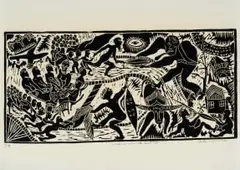 Caiphas Nxumalo, Umbuso Omuska KwaZulu (The New Kingdom of KwaZulu), linocut on paper