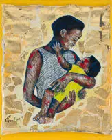 Greatjoy Ndlovu, Mother and Child, 2023, oil and gold leaf on unstretched canvas adhered to canvas