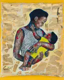 Greatjoy Ndlovu, Mother and Child, 2023, oil and gold leaf on unstretched canvas adhered to canvas