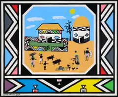 Esther Mahlangu, Untitled (Homestead, Figures and Cattle with Ndebele Pattern), 2020, acrylic on canvas