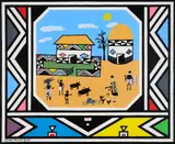 Esther Mahlangu, Untitled (Homestead, Figures and Cattle with Ndebele Pattern), 2020, acrylic on canvas