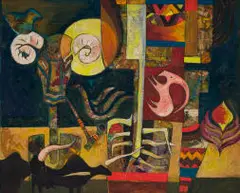 Bulls by Speelman Mahlangu, 1996, mixed media with oil on canvas laid down on board, sold Aug 2026