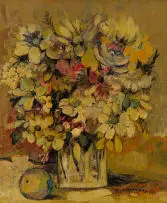 Jan Dingemans, Flowers in a Vase with Fruit, oil on board