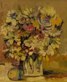 Jan Dingemans, Flowers in a Vase with Fruit, oil on board
