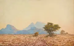 Otto Klar, Namibian Farm Scene with Distant View of Rote Berge, 1941, oil on canvas laid down on card