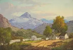Gabriel de Jongh, Landscape with Homestead and Distant Mountains, oil on canvas