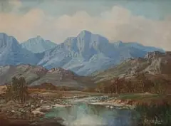 Landscape with River and Distant Mountain by Gabriel de Jongh, oil on canvas laid down on board, sold Aug 2026