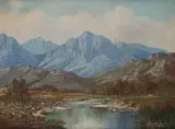 Gabriel de Jongh, Landscape with River and Distant Mountain, oil on canvas laid down on board