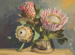 Dino Paravano, Proteas in a Brass Vessel, oil on canvas laid down on board
