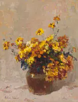 Adriaan Boshoff, Yellow Daisies in a Vase, oil on canvasboard