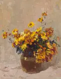 Adriaan Boshoff, Yellow Daisies in a Vase, oil on canvasboard