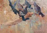 Errol Boyley, Feeding the Pigeons, oil on board