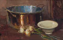Adriaan Boshoff, Copper Pot, Onions and Bowl, oil on canvas laid down on board