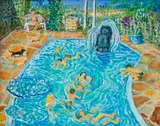 Rain Battiss, Swimming Pool Thoughts on a Beautiful Morning, 2025, oil on canvas, in the artist's hand-painted frame