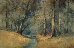 Christopher Tugwell, Stream through a Woodland Landscape, oil on board