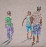 Andrew Ntshabele, Three Young Boys, 2017, oil on Shweshwe