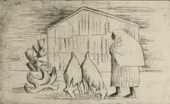 Peter Clarke, A Figure and Goats Near a Barn, 1981, etching on paper