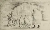 Peter Clarke, A Figure and Goats Near a Barn, 1981, etching on paper