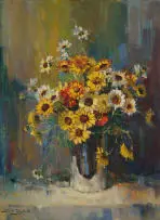 Dino Paravano, Vase of Daisies, oil on board