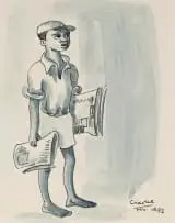Peter Clarke, Young Newspaper Seller, 1952, pen and ink on paper