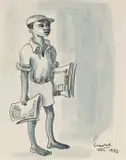 Peter Clarke, Young Newspaper Seller, 1952, pen and ink on paper