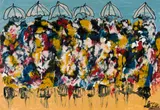 Solly (Solomon) Sekhaolelo, Group of Figures with Umbrellas, oil on paper