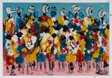 Solly (Solomon) Sekhaolelo, Group of Figures with Pots, 2021, mixed media with enamel on paper